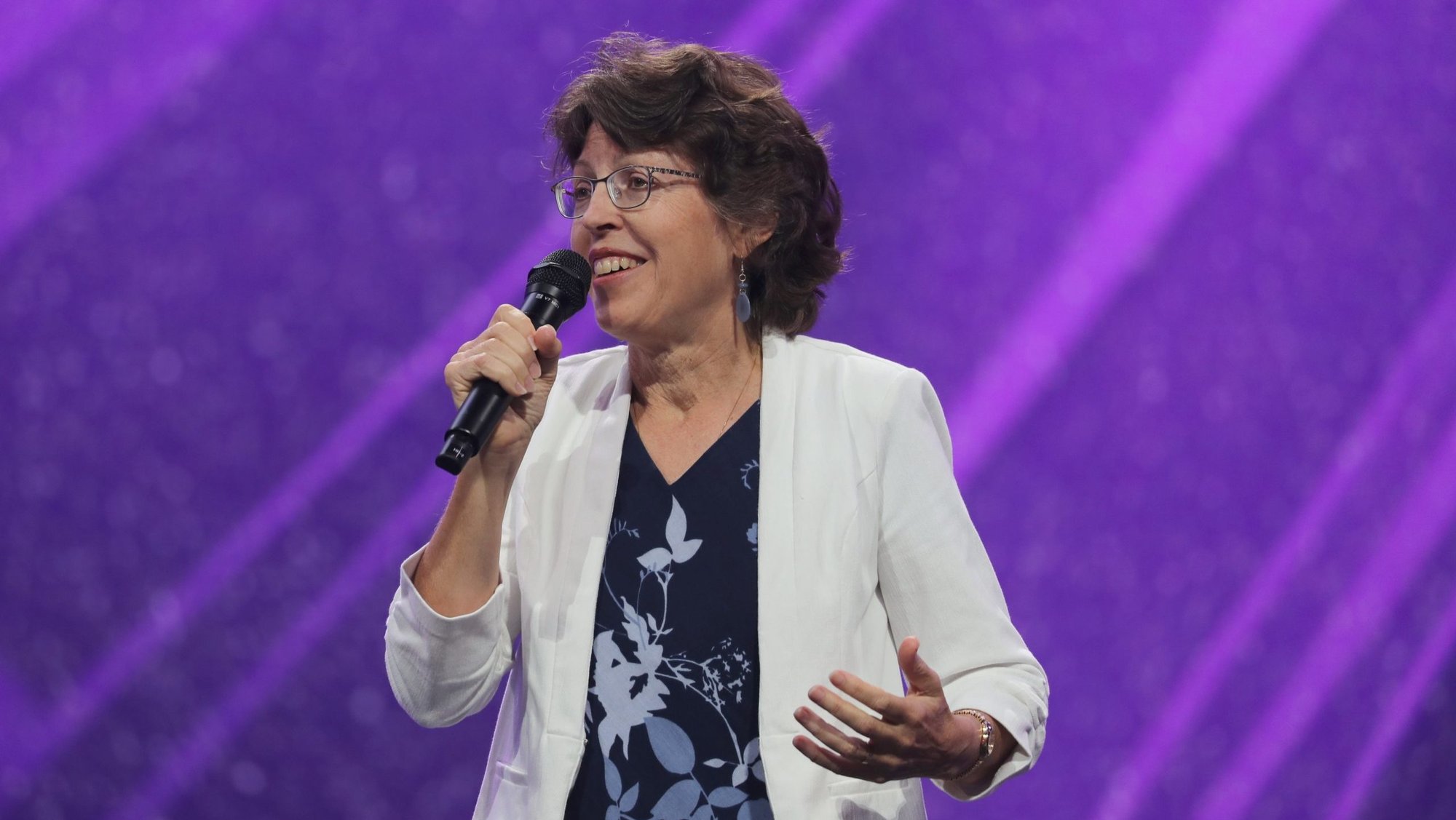 Mary Healy, a professor of Scripture at Sacred Heart Major Seminary in Detroit, and a bestselling author, speaks during a July 19, 2024, Encounter impact session at Lucas Oil Stadium during the National Eucharistic Congress in Indianapolis. (OSV News photo/Bob Roller)