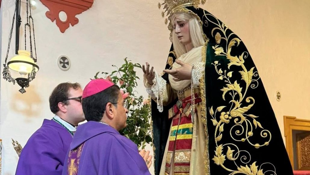 Nicaraguan Bishop Rolando Álvarez of Matagalpa, exiled to Rome Jan. 14, celebrates the centenary of his diocese in the province of Seville, Spain, where many of his priests and seminarians have found a new home. Bishop Álvarez is seen offering his pectoral cross to Our Lady of Sorrows at Our Lady of the Orchards Church in Puebla de los Infantes Dec. 19, 2024, in gratitude "for these 100 years of canonical foundation of my blessed and beloved" Matagalpa Diocese. (OSV News/courtesy Eric Diaz, Alfa y Omega)