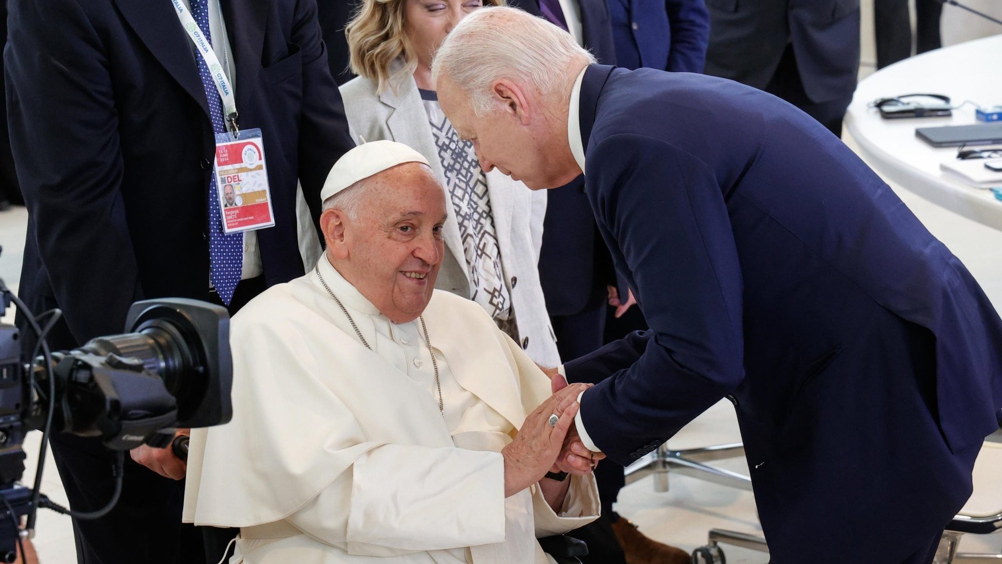 Pope Francis greets U.S. President Joe Biden June 14, 2024, before the pontiff gave a speech to world leaders at the Group of Seven summit in Borgo Egnazia in Italy's southern Puglia region. On Jan. 11, 2025, Biden spoke with the pope from the White House in Washington and named him as a recipient of the Presidential Medal of Freedom with Distinction. Biden had been scheduled to have an audience with the pope during a Jan. 9-12 trip to Rome but the president canceled the trip to amid the California wildfires. (CNS photo/courtesy of G7 Italia 2024)