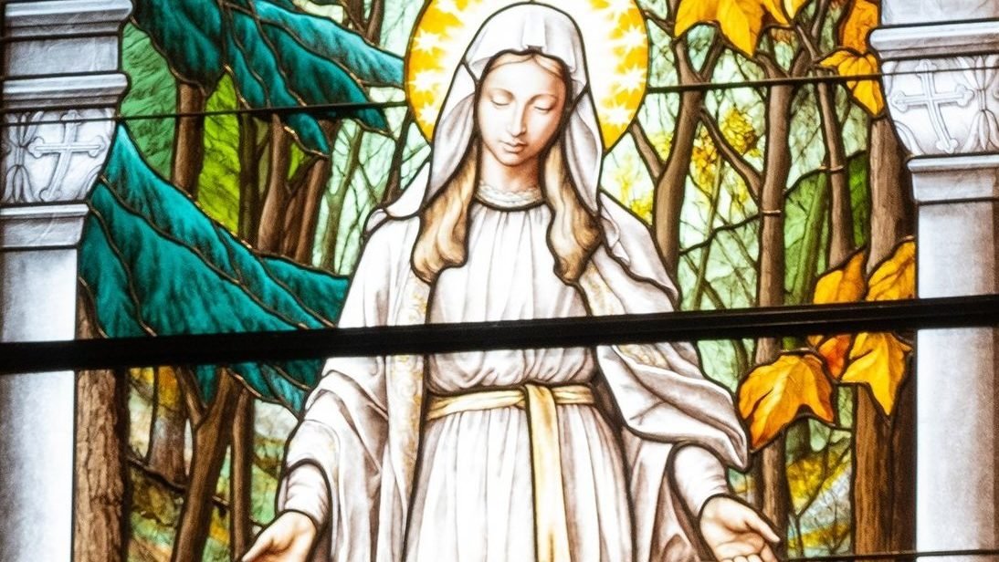 A stained-glass window at the National Shrine of Our Lady of Champion in Champion, Wis., depicts the Blessed Virgin Mary appearing to Adele Brise. Several Catholics who have fled the wildfires ravaging Los Angeles have been praying for the intercession of Our Lady of Champion, who once saved a rural Wisconsin shrine from a devastating inferno. (OSV News photo/Sam Lucero)