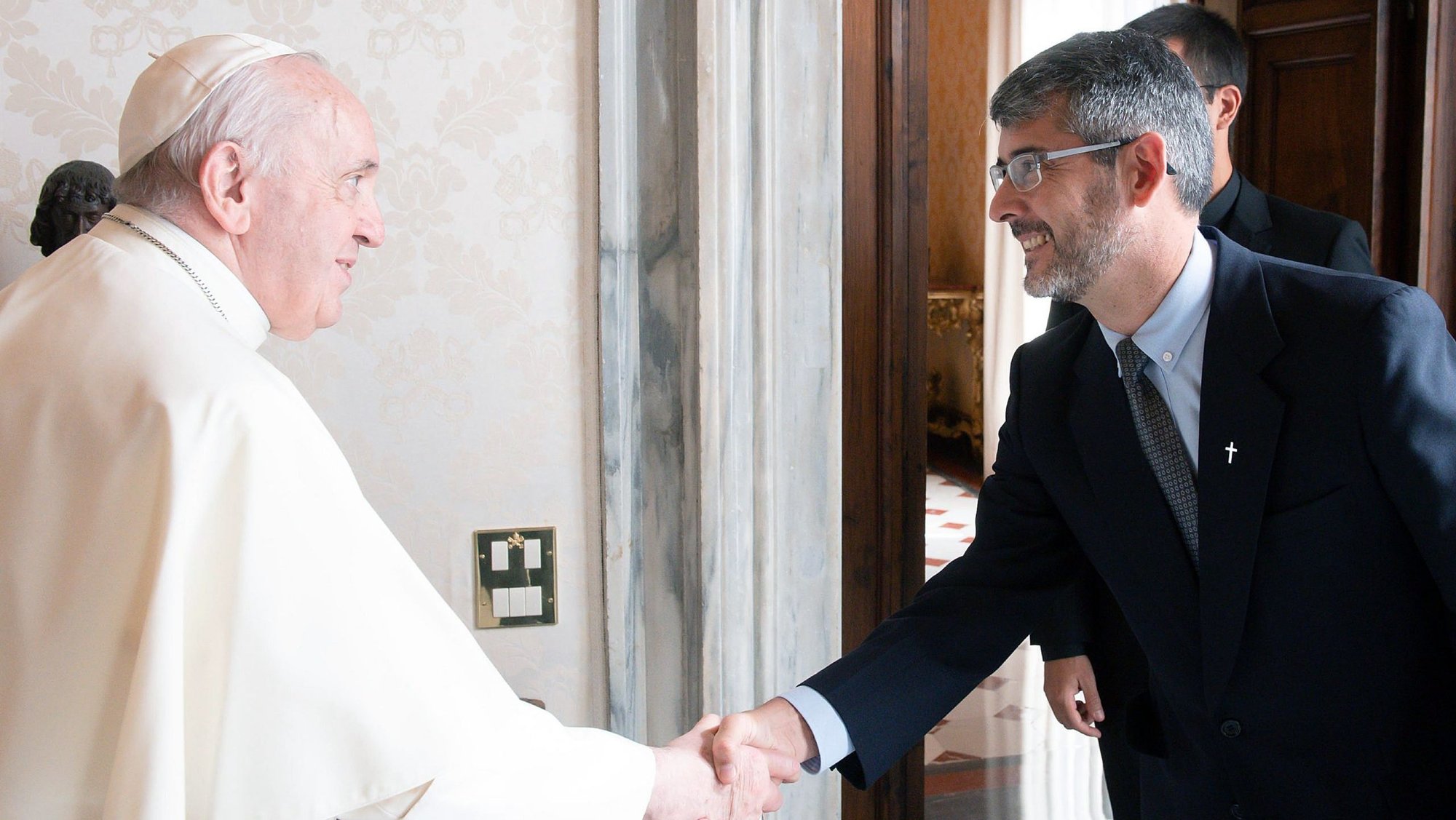 Pope Francis greets the superior general of Sodalitium, José David Correa, during a private audience at the Vatican Oct. 30, 2021. (OSV News photo/Vatican Media via Catholic Press Photo)
