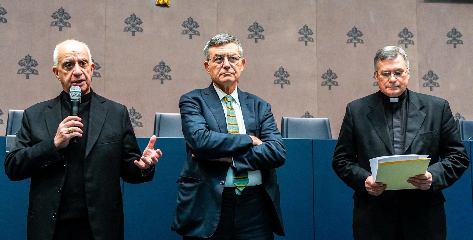 From left, Archbishop Rino Fisichella, pro-prefect of the Dicastery for Evangelization’s section for new evangelization and chief organizer of Holy Year 2025; Paolo Ruffini, prefect of the Dicastery for Communication; and Lucio Adrian Ruiz, secretary of the Vatican Secretariat for Communication, speak during a news conference on the opening of the Jubilee of the World of Communications at the Vatican Jan. 24, 2025. (CNS photo/Lola Gomez)