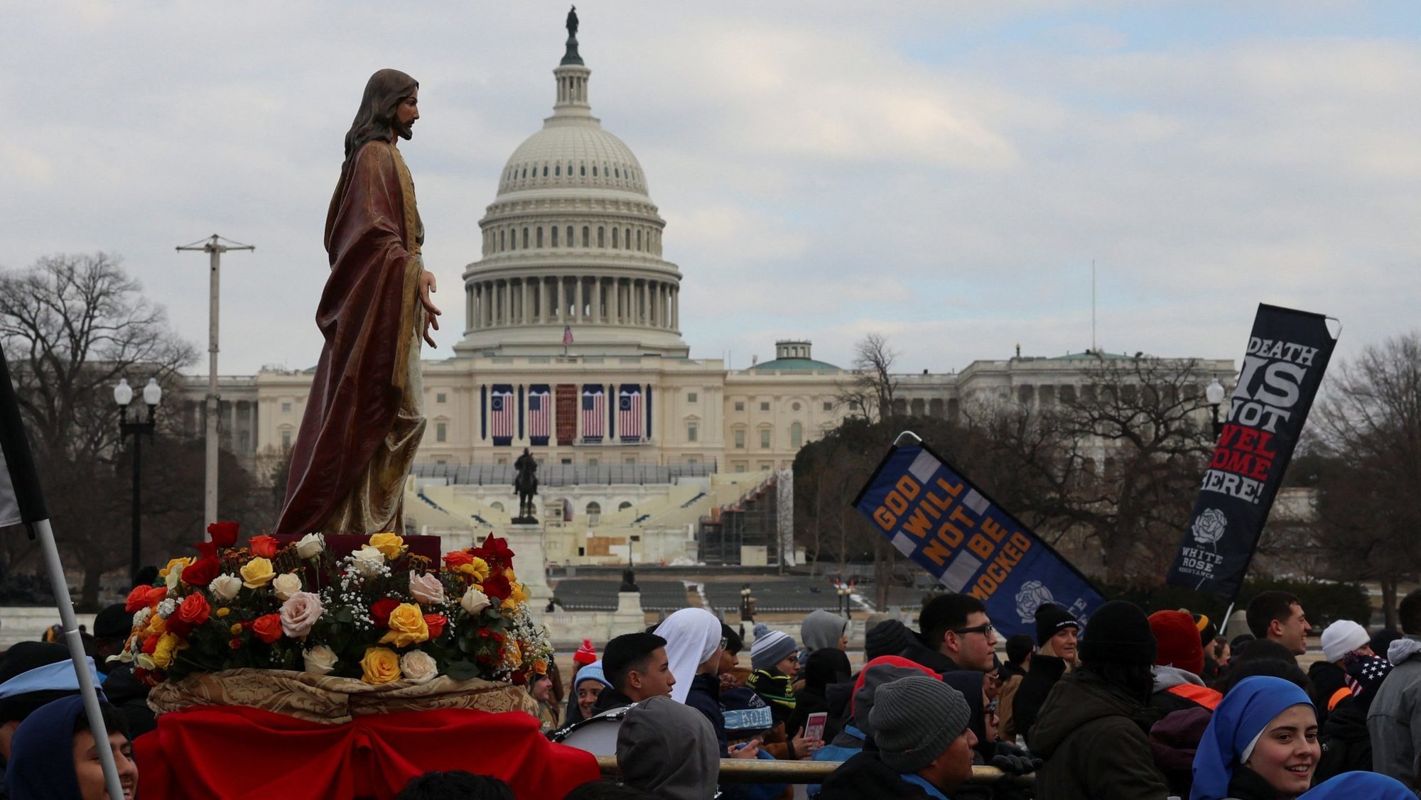A statue of Jesus is carried past the U.S. Capitol during the annual March for Life rally in Washington Jan. 24, 2025. (OSV News photo/Evelyn Hockstein, Reuters)