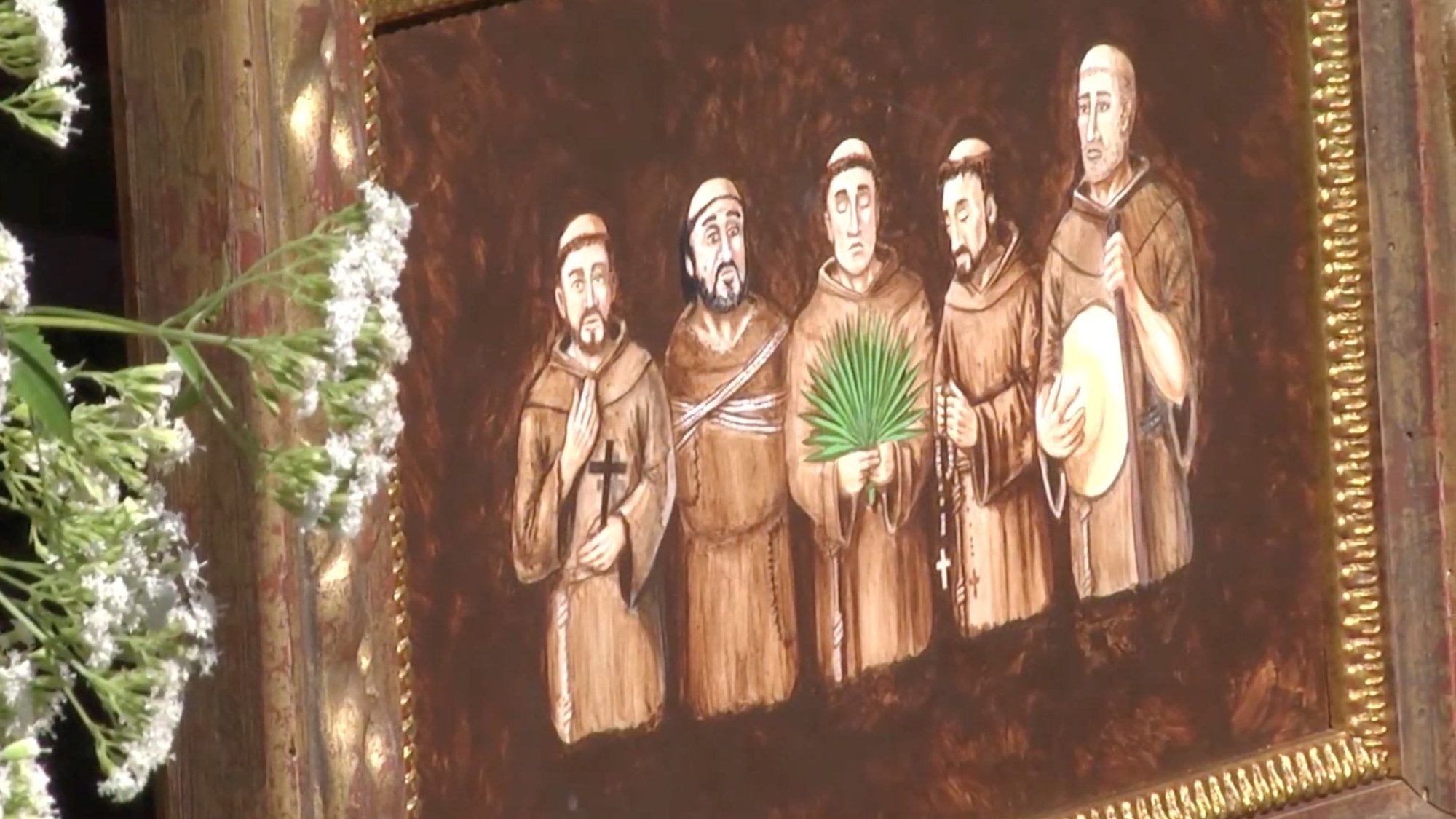 The five Spanish Franciscans, known as the Georgia martyrs, are seen in a painting featured in a video from the Diocese of Savannah, Georgia. The friars were martyred between Sept. 14 and Sept. 17, 1597. Pope Francis signed a decree recognizing their martyrdom Jan. 27, 2025. (CNS photo/screen grab from YouTube, Diocese of Savannah)