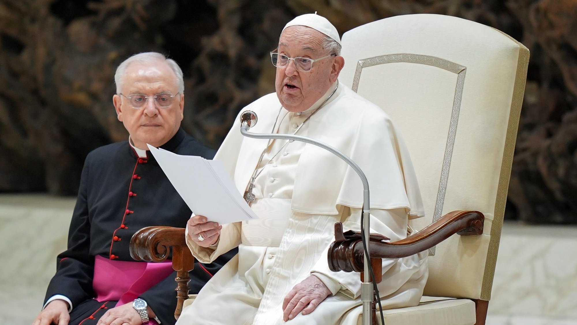 Pope Francis speaks to visitors in the Paul VI Audience Hall during his weekly general audience at the Vatican Jan. 29, 2025. (CNS photo/Lola Gomez)