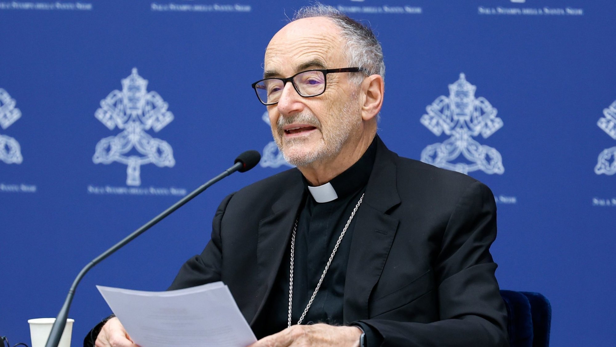 Cardinal Michael Czerny, prefect of the Dicastery for Promoting Integral Human Development, speaks during a news conference about Pope Francis' message for the World Day of Migrants and Refugees at the Vatican June 3, 2024. (CNS photo/Lola Gomez)