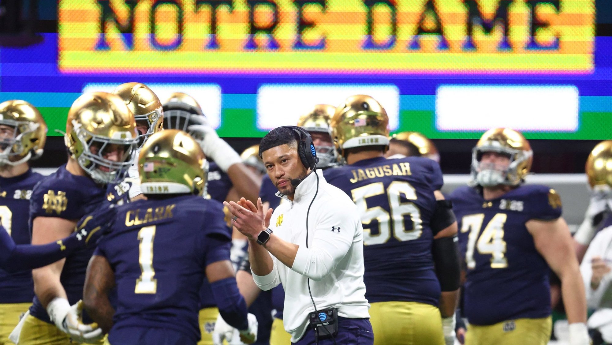 Notre Dame Fighting Irish head coach Marcus Freeman reacts after a play against the Ohio State Buckeyes during the second half the CFP National Championship college football game at Mercedes-Benz Stadium in Atlanta Jan. 20, 2025. (OSV News photo/Mark J. Rebilas-Imagn Images via Reuters)