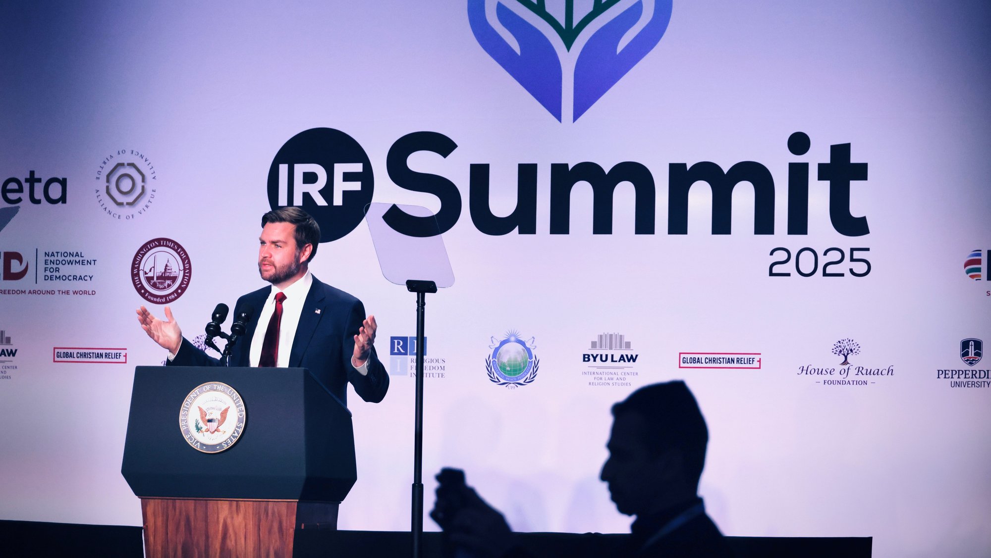 Vice President JD Vance speaks during the International Religious Freedom Summit in Washington Feb. 5, 2025. Vance defended cuts to U.S. foreign aid in his remarks, arguing the funds were "spreading atheism" abroad. (OSV News photo/Matt Ryb Pictures via JDA Worldwide)