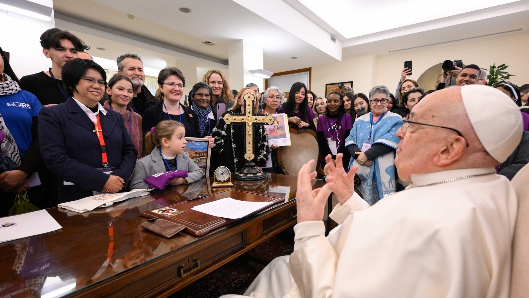 Pope Francis meets members and supporters of Talitha Kum, an international network of religious working against human trafficking, in his residence at the Vatican Feb. 7, 2025. (CNS/Vatican Media)