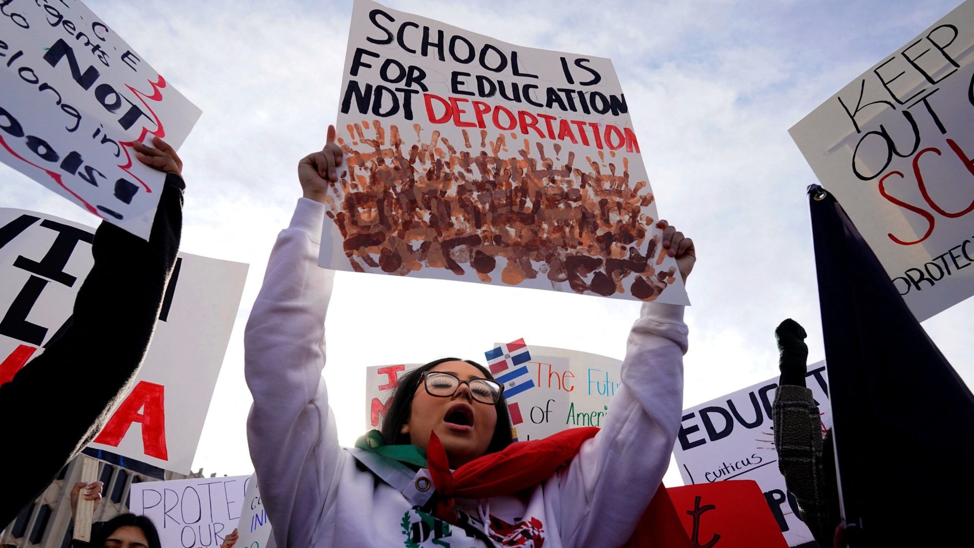 Protesters opposing possible Immigration and Customs Enforcement (ICE) raids in public schools chant outside the State Department of Education in Oklahoma City Jan. 28, 2025, during their monthly board meeting. (OSV News photo/Nick Oxford, Reuters)