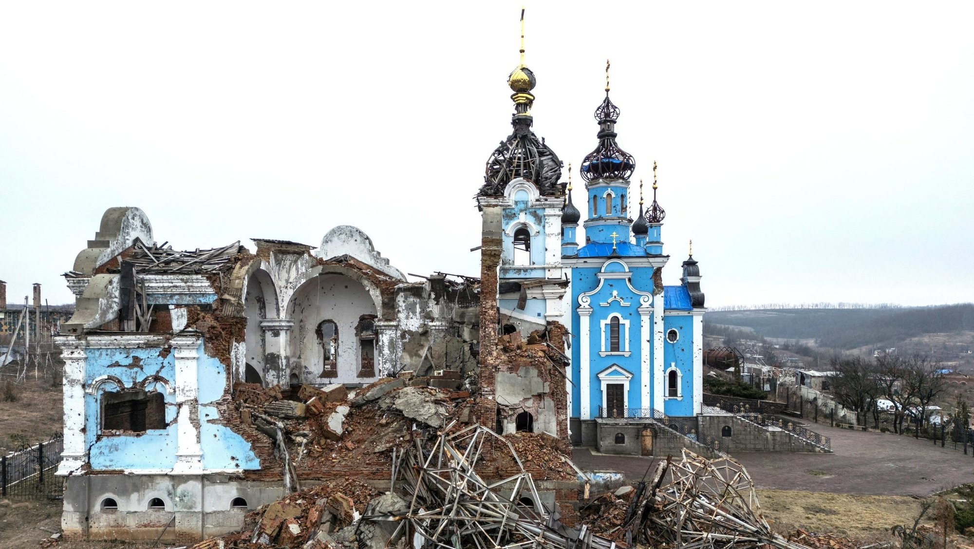 A church destroyed by a Russian attack on the village of Bohorodychne in Ukraine's Donetsk region is pictured Feb. 13, 2024. (OSV News photo/Vladyslav Musiienko, Reuters)