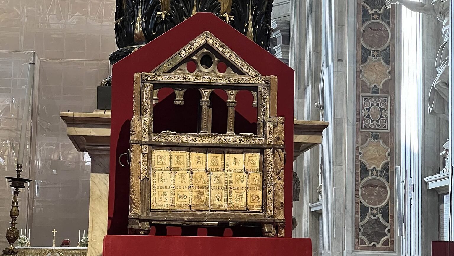 The Chair of St. Peter in 2024 at St. Peter’s Basilica, exposed for the first time since 1867. (Wikimedia Commons)