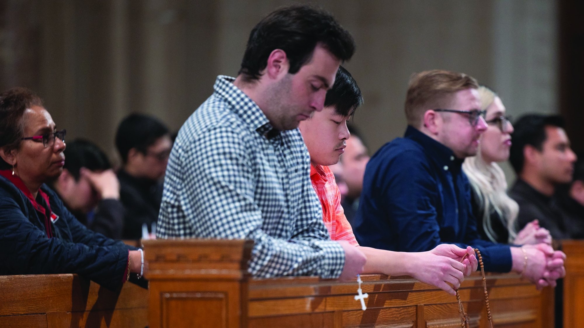 People pray during a March 2, 2025, Mass at the Basilica of the National Shrine of the Immaculate Conception in Washington offered for the intentions of Pope Francis, who has been hospitalized since Feb. 14. Msgr. Walter Rossi, rector of the national shrine, led the faithful in praying the rosary after the Mass, which was celebrated by Cardinal Christophe Pierre, the apostolic nuncio to the United States. (OSV News photo/Mihoko Owada, Catholic Standard)