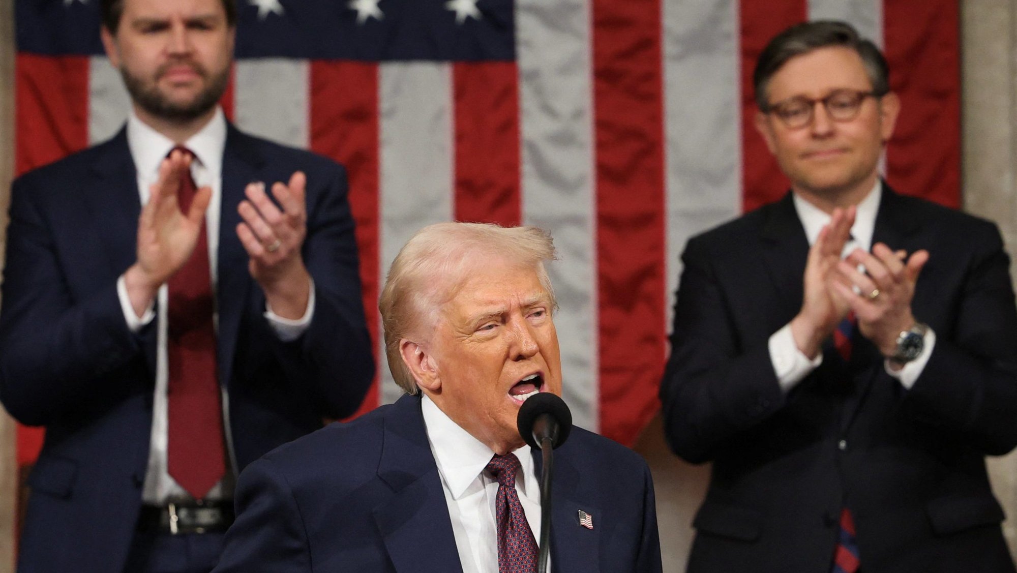 U.S. Vice President JD Vance and House Speaker Mike Johnson, R-La., applaud as President Donald Trump addresses a joint session of Congress at the U.S. Capitol in Washington March 4, 2025. (OSV News photo/Win McNamee, Reuters)