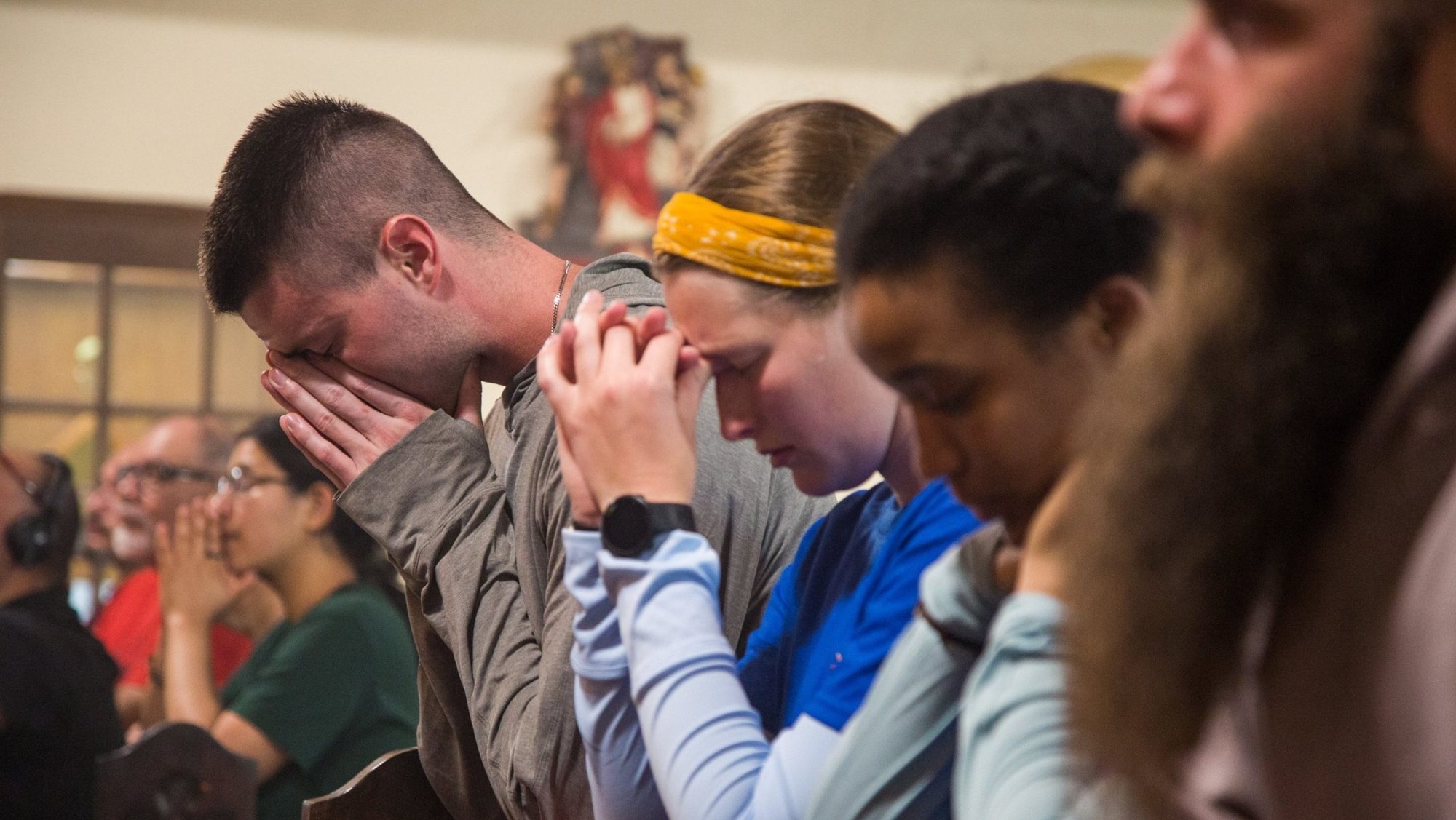 Perpetual Pilgrim Charlie McCullough prays during Mass May 19, 2024, at San Pedro Church in Brownsville, Texas, at the end of the first day of pilgrims' journey along the St. Juan Diego Route of the National Eucharistic Pilgrimage. McCullough is the team lead of the 2025 National Eucharistic Pilgrimage from Indianapolis to Los Angeles. (OSV News photo/Tom McCarthy)