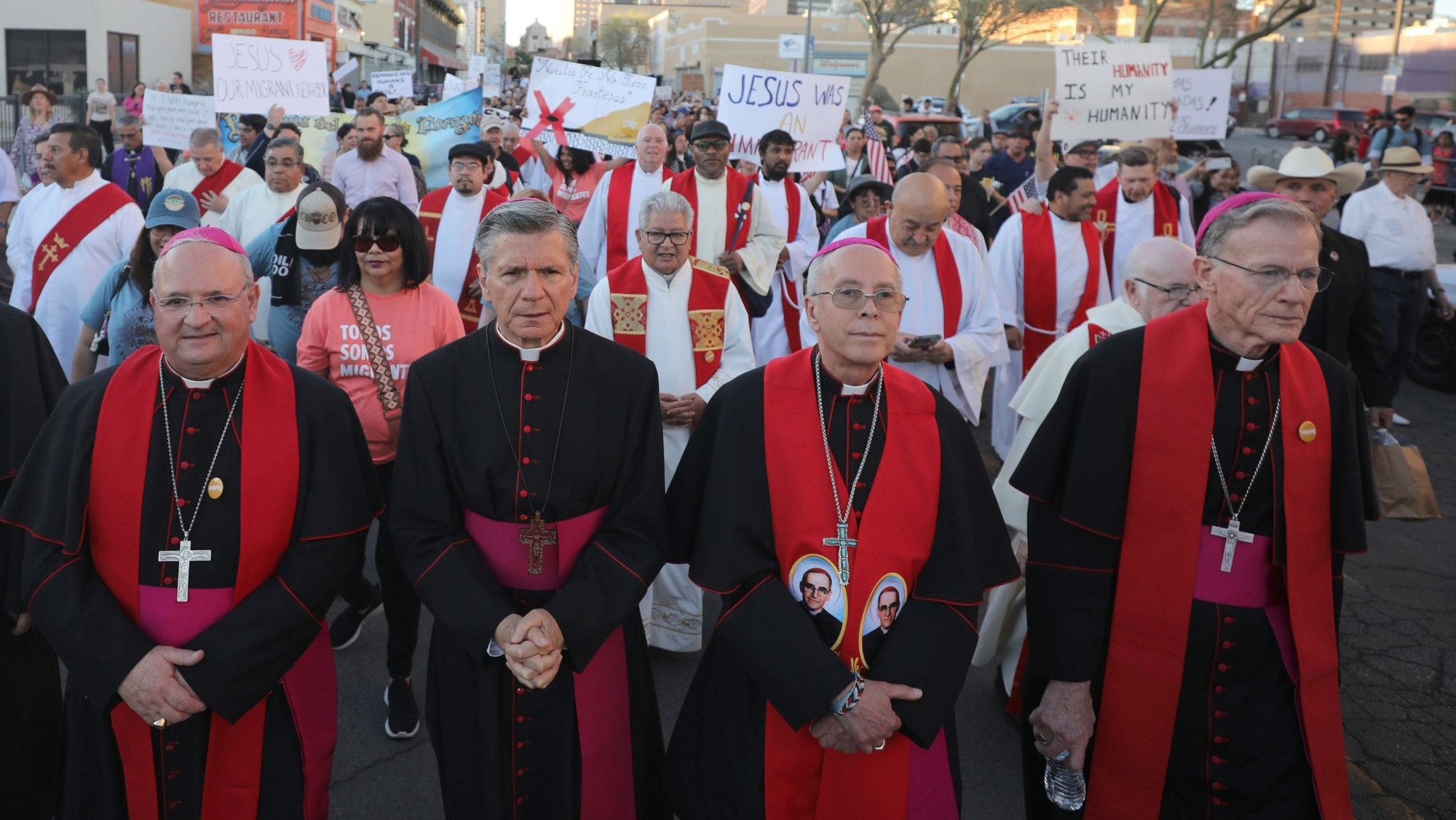 Bishop Peter Baldacchino of Las Cruces, N.M.; Archbishop Gustavo García-Siller of San Antonio; Bishop Mark J. Seitz of El Paso, Texas; and Archbishop John C. Wester of Santa Fe, N.M., lead a march in El Paso March 24, 2025, against mass deportations by the U.S. government. (OSV News photo/Bob Roller)