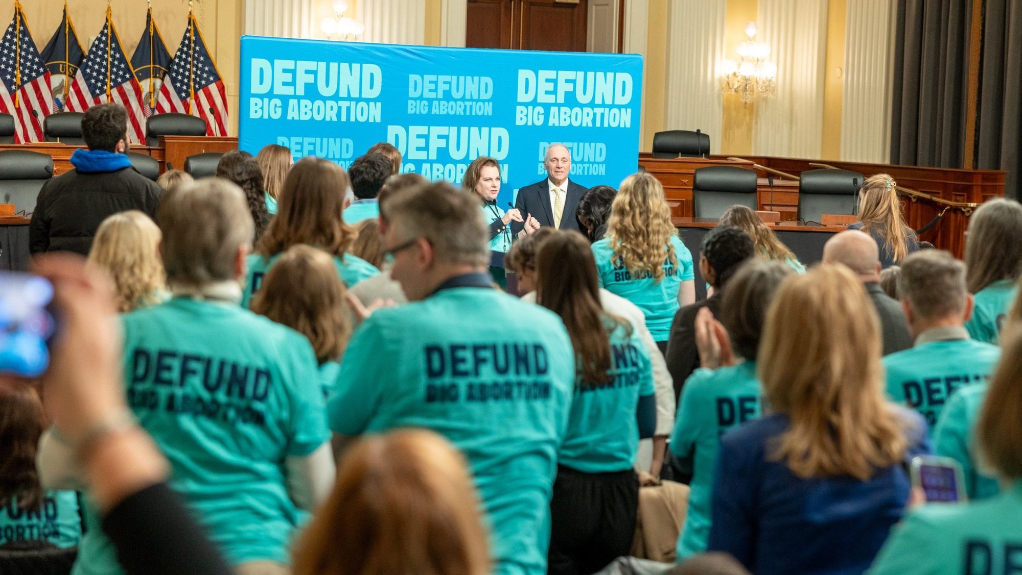 Marjorie Dannenfelser, president of Susan B. Anthony Pro-Life America, speaks alongside Republican House Majority Leader Steve Scalise of Louisiana, a Catholic, as pro-life activists from around the country gather at the Cannon House Office Building on Capitol Hill in Washington March 27, 2025. Pro-life groups including SBA Pro-Life America and Students for Life Action pushed the Trump administration and Congress to strip funds from Planned Parenthood. (OSV News photo/Mihoko Owada, Catholic Standard)
