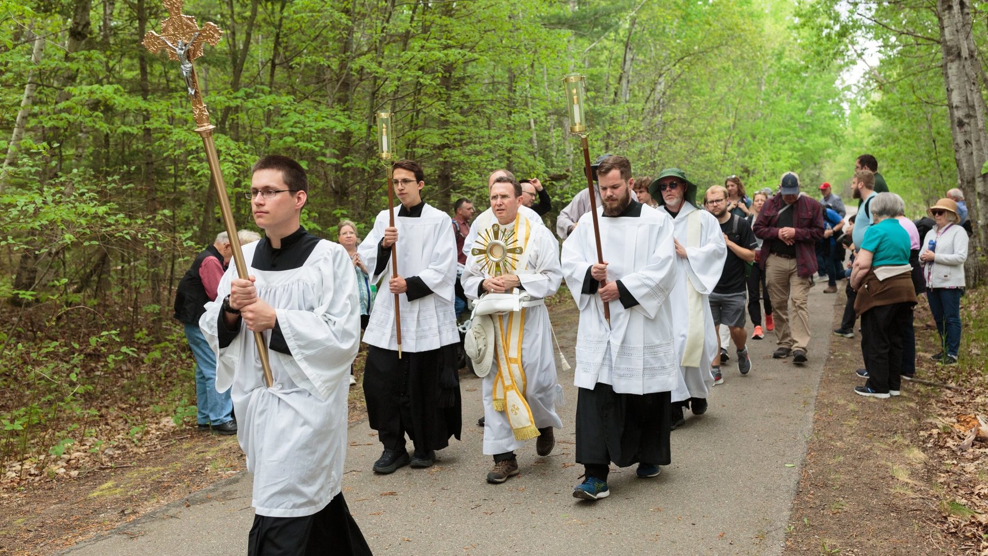 Pilgrims process in a 12-mile walk from Laporte to Walker, Minn., along the Paul Bunyan State Trail during the National Eucharistic Pilgrimage May 20, 2024. (OSV News/Courtney Meyer)