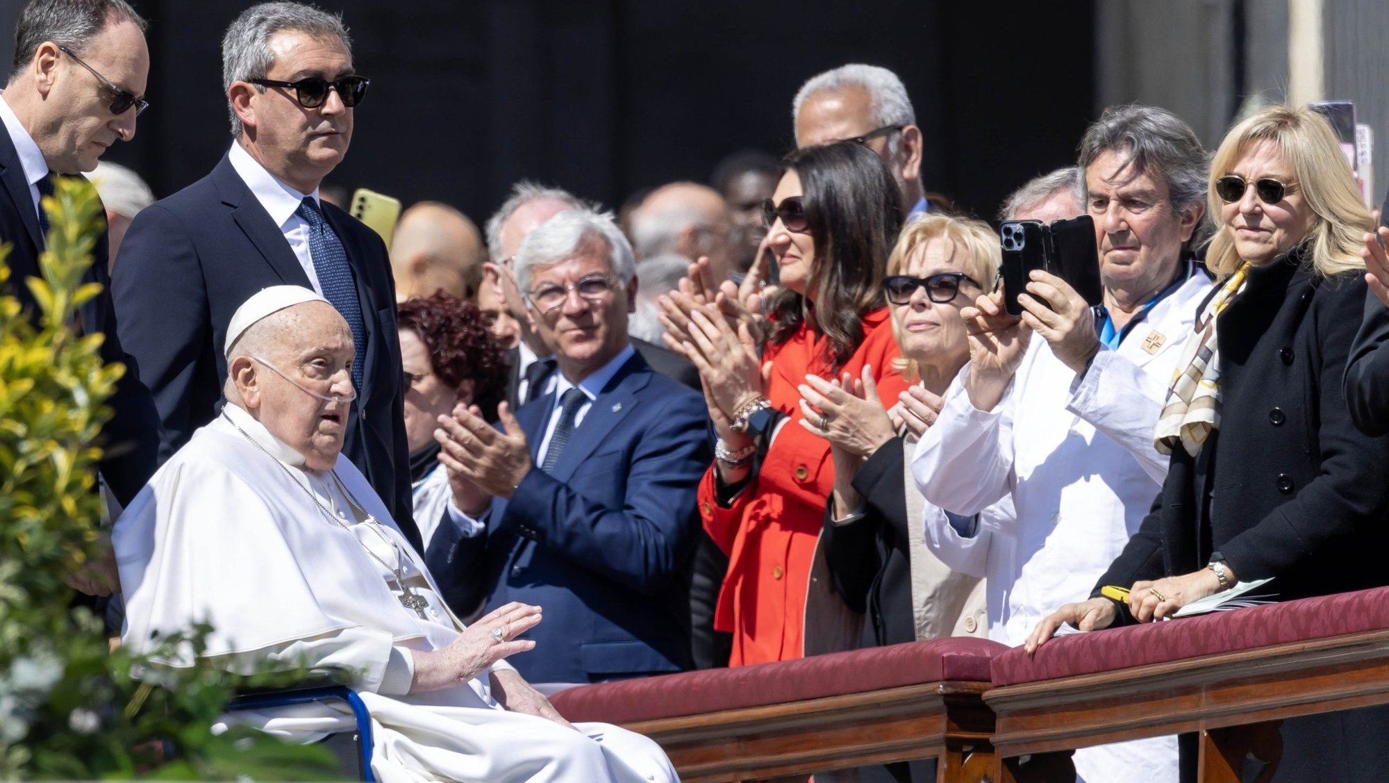 Pope Francis greets the faithful in St. Peter's Square at the end of the closing Mass for the Jubilee of the Sick and Health Care Workers at the Vatican April 6, 2025. (CNS photo/Pablo Esparza)