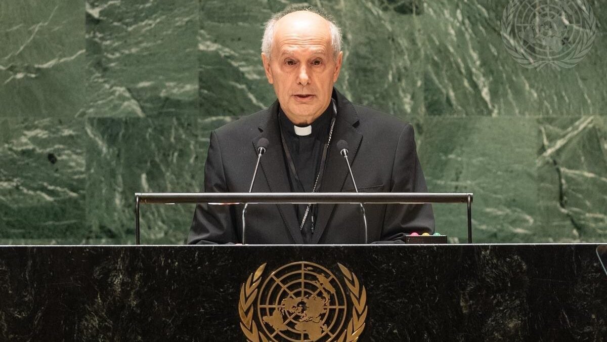 Archbishop Gabriele G. Caccia, permanent observer of the Holy See to the United Nations, is pictured in a 2023 photo addressing the General Assembly at U.N. headquarters in New York City. Archbishop Caccia delivered an April 8, 2025, statement expressing concern at the continued rise of political instability and conflict. (OSV News photo/Rick Bajornas, courtesy United Nations)