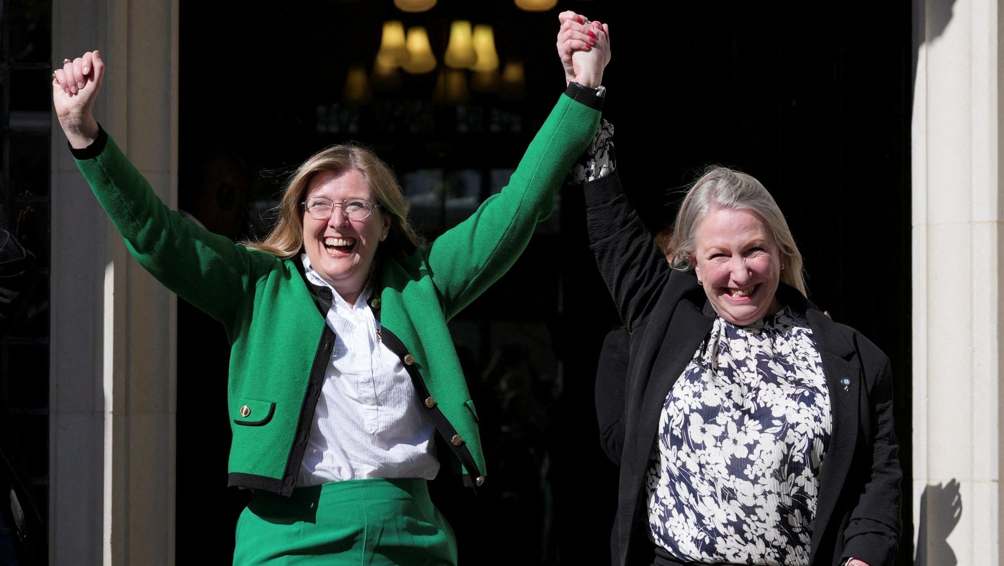 People celebrate outside the Supreme Court in London April 16, 2025, as the court rules on an appeal by For Women Scotland. The court ruled that a woman is someone born biologically female, excluding transgender people from the legal definition in a long-running dispute between a feminist group and the Scottish government. (OSV News photo/Maja Smiejkowska, Reuters)