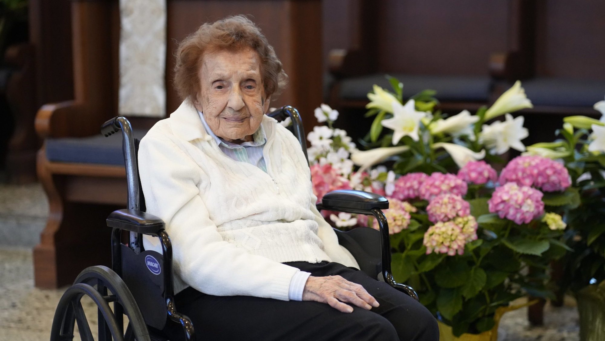 Sister Francis Dominici Piscatella, a member of the Sisters of St. Dominic of Amityville, N.Y., poses for a photo at the Dominicans' motherhouse April 21, 2025. Sister Piscatella, who celebrated her 112th birthday on Easter Sunday, April 20, 2025, is the oldest religious sister in the U.S. and the second oldest in the world. (OSV News photo/Gregory A. Shemitz)