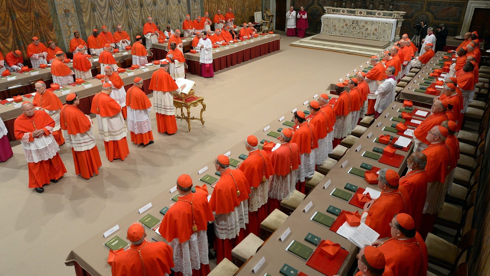 Cardinals from around the world line up in the Vatican's Sistine Chapel March 12, 2013, to take their oaths at the beginning of the conclave to elect a successor to Pope Benedict XVI. The following day, on the fifth ballot, they elected Cardinal Jorge Mario Bergoglio of Buenos Aires, Argentina, who chose the name Francis. The cardinals will again gather May 7, 2025, to elect a a successor to Pope Francis, who died April 21. (CNS photo/Vatican Media)