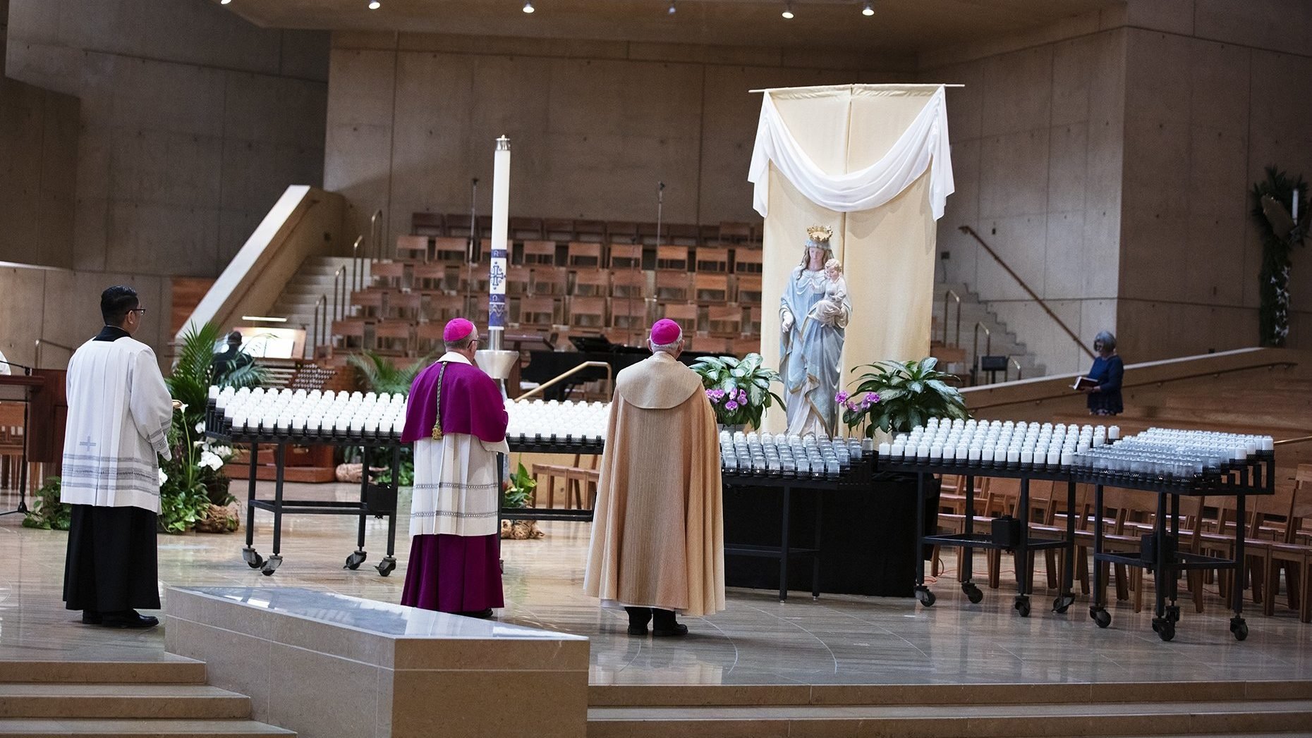 Archbishop Jose H. Gomez of Los Angeles, president of the U.S. Conference of Catholic Bishops, leads a special liturgy in renewing the consecration of the U.S. to the care of our Blessed Mother May 1, 2020, from the Cathedral of Our Lady of the Angels in Los Angeles. (OSV News photo/Victor Aleman, courtesy Angelus News)