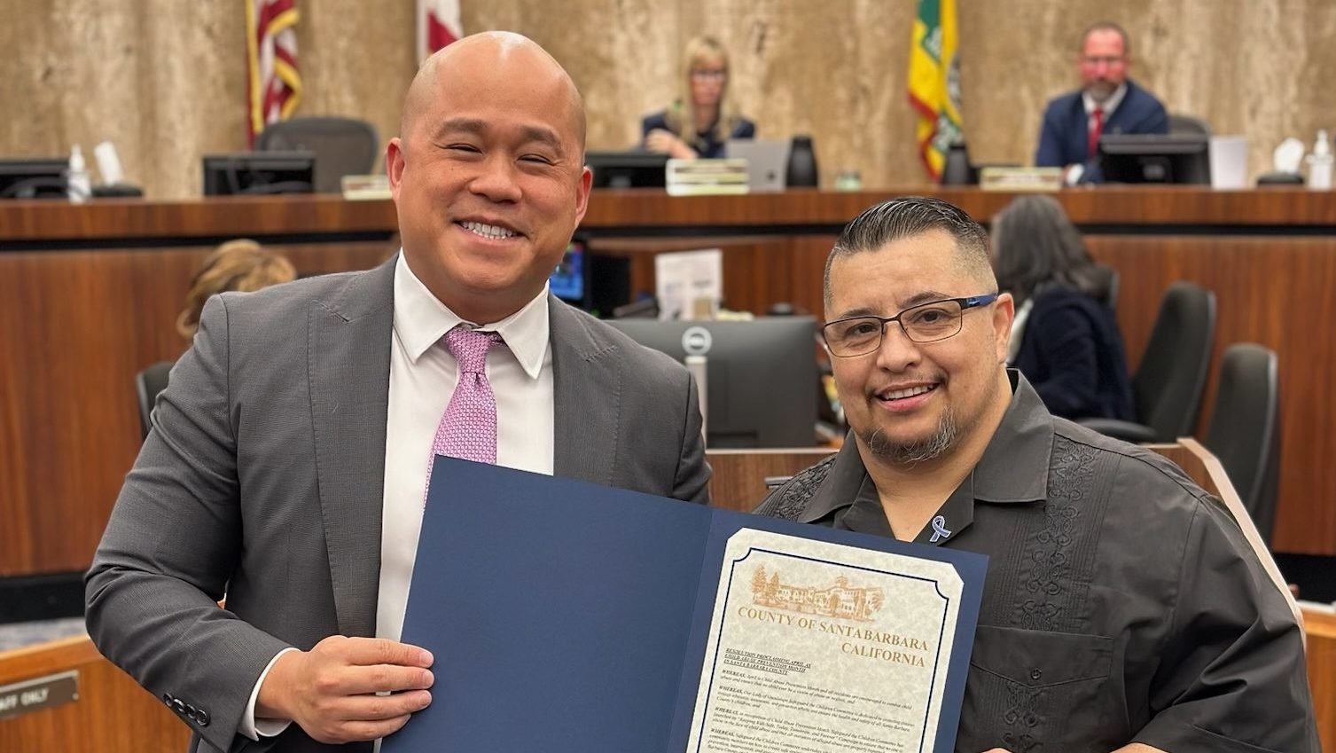 Anthony Rodriguez, right, poses with Santa Barbara County Supervisor Roy Lee, who sponsored the proclamation honoring Our Lady of Guadalupe’s child-abuse prevention efforts. (Anthony Rodriguez)