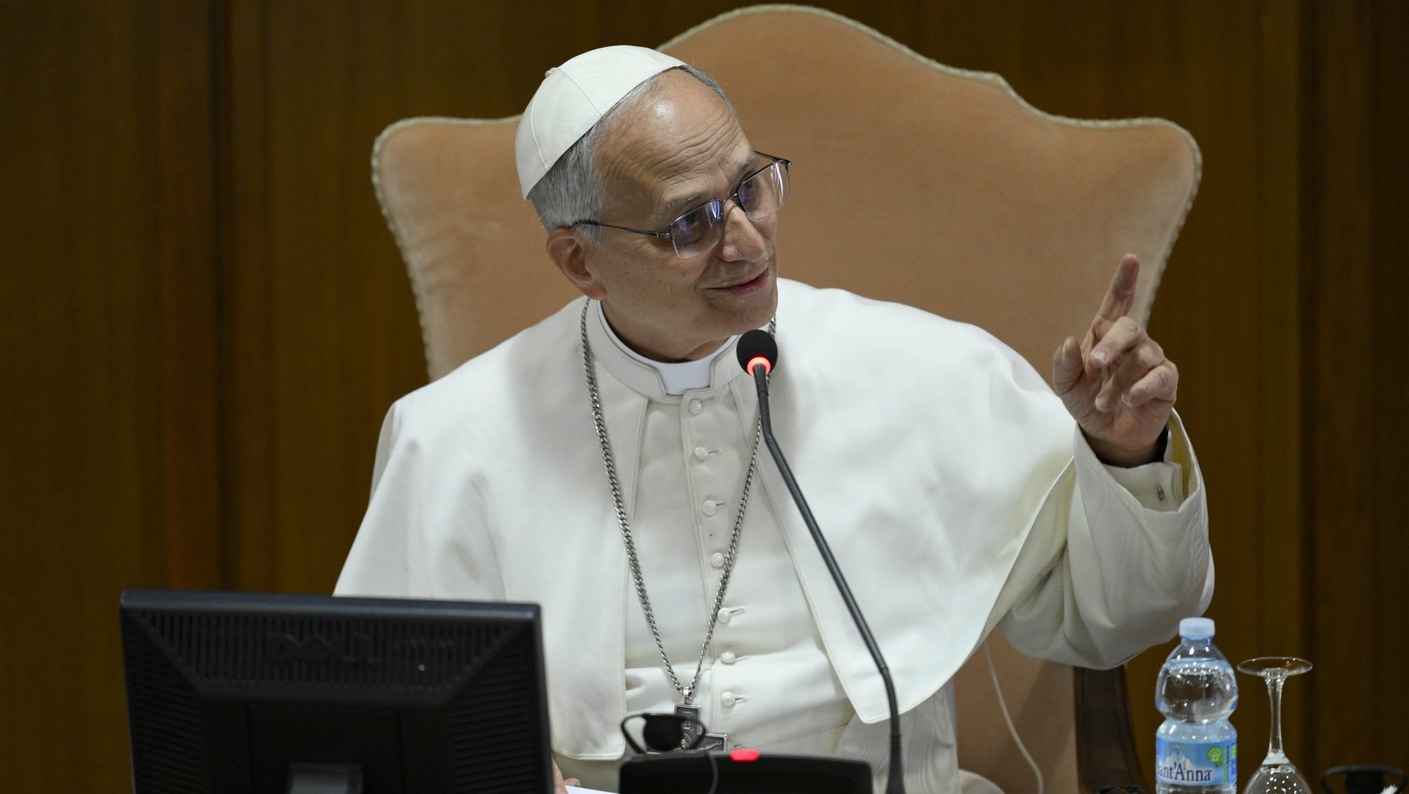 Pope Leo XIV speaks with the College of Cardinals in the New Synod Hall at the Vatican May 10 during his first formal address to the college as pope. (CNS/Vatican Media)