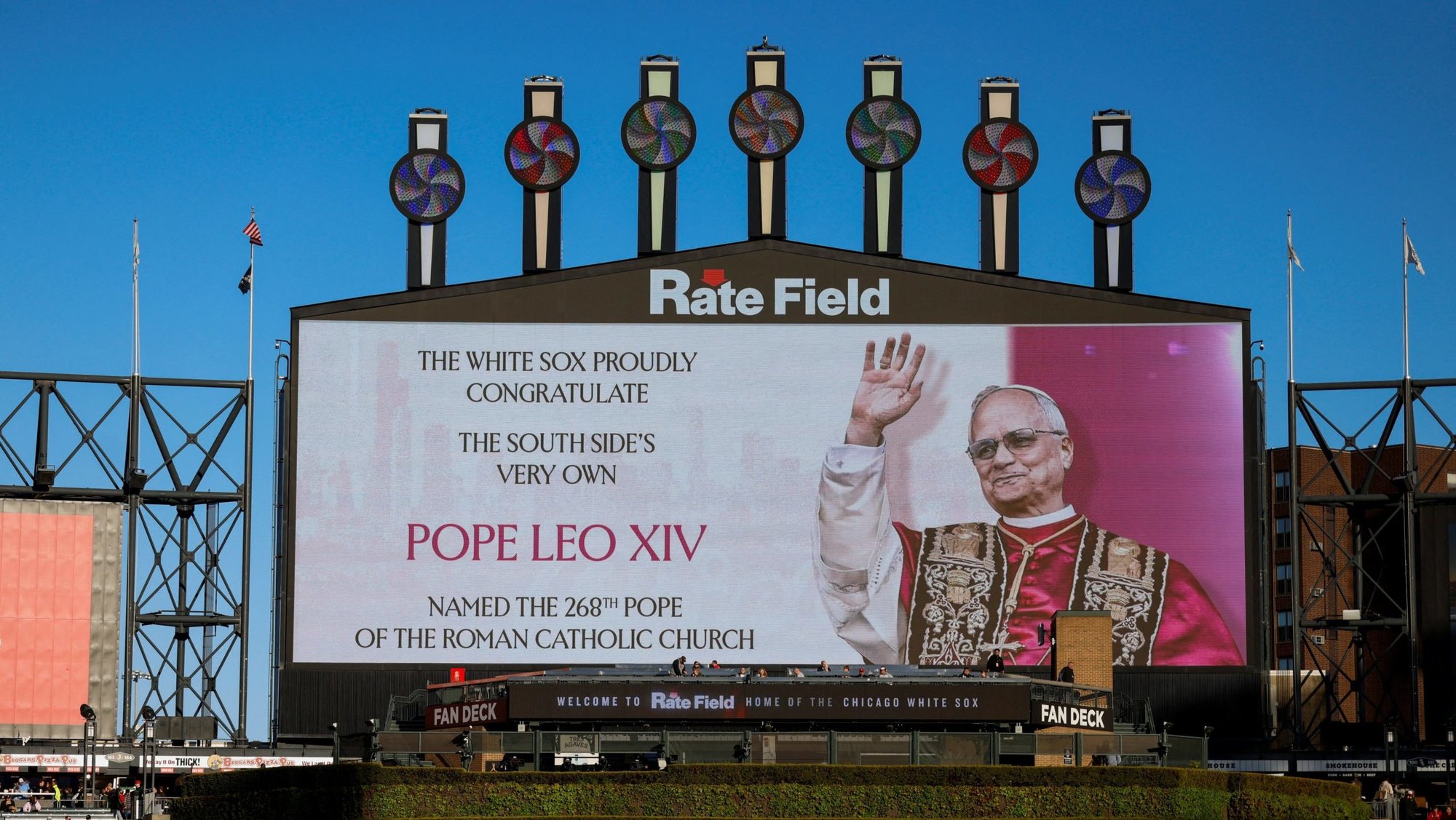 A tribute to Pope Leo XIV is displayed before a White Sox game inside the Rate Field baseball stadium in Chicago May 9. The screen incorrectly stated that Leo is the 268th pope (he is the 267th). (OSV News/Carlos Osorio, Reuters)