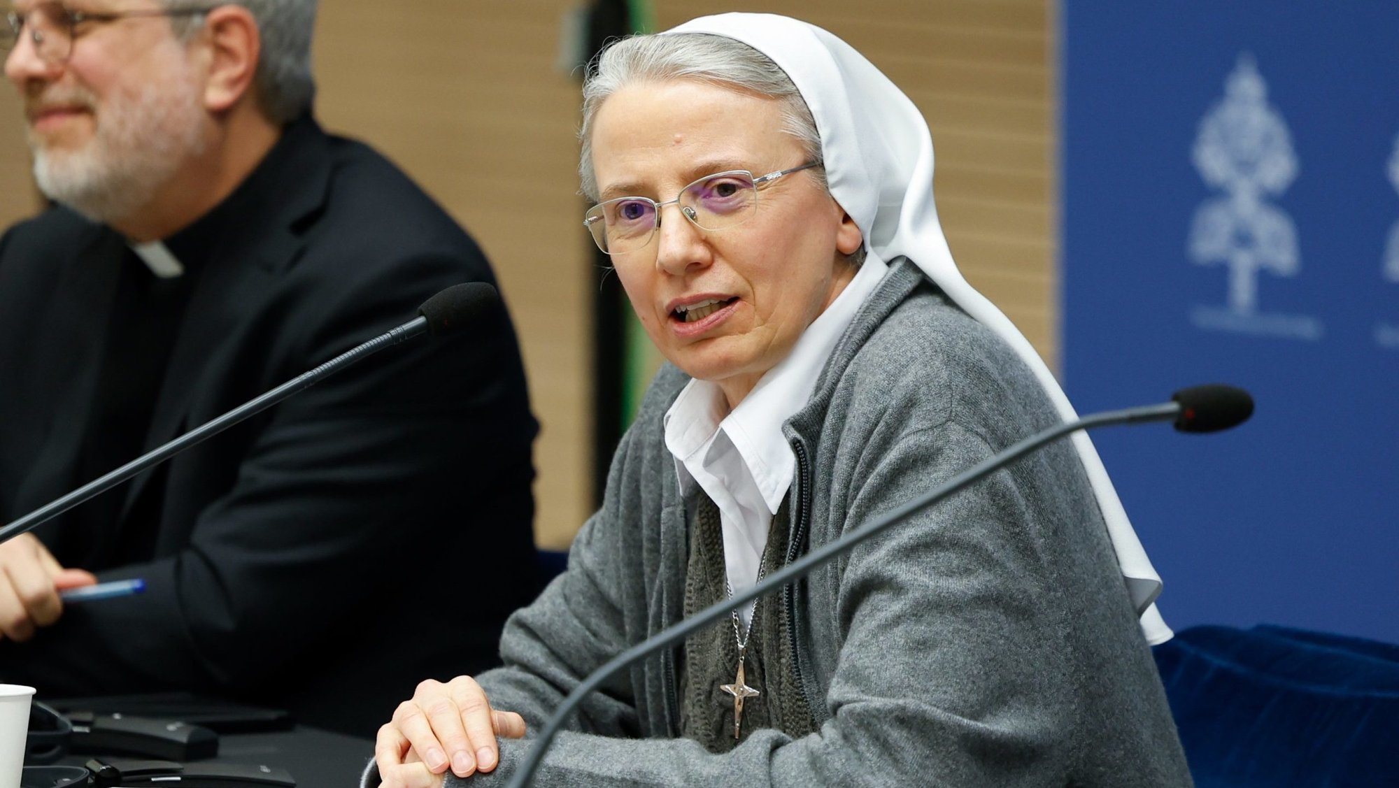 Consolata Missionary Sister Simona Brambilla speaks during a news conference at the Vatican March 14, 2024, about study groups authorized by Pope Francis to examine issues raised at the synod on synodality. (CNS photo/Lola Gomez)