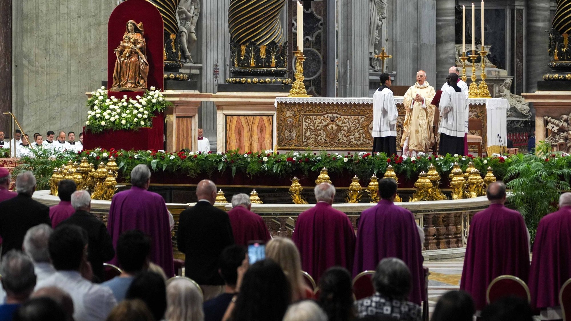French Cardinal Dominique Mamberti, protodeacon of the College of Cardinals, presides at the final Mass of the "novendiali," the nine days of official mourning for Pope Francis, at the Altar of the Confession in St. Peter’s Basilica at the Vatican May 4, 2025. (CNS photo/Lola Gomez)