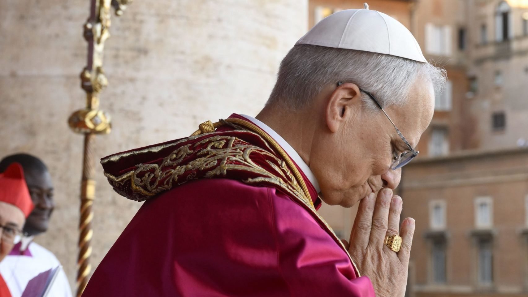 Pope Leo XIV, the former Cardinal Robert F. Prevost, gestures to the crowds in St. Peter's Square at the Vatican after his election as pope May 8, 2025. (CNS photo/Vatican Media)