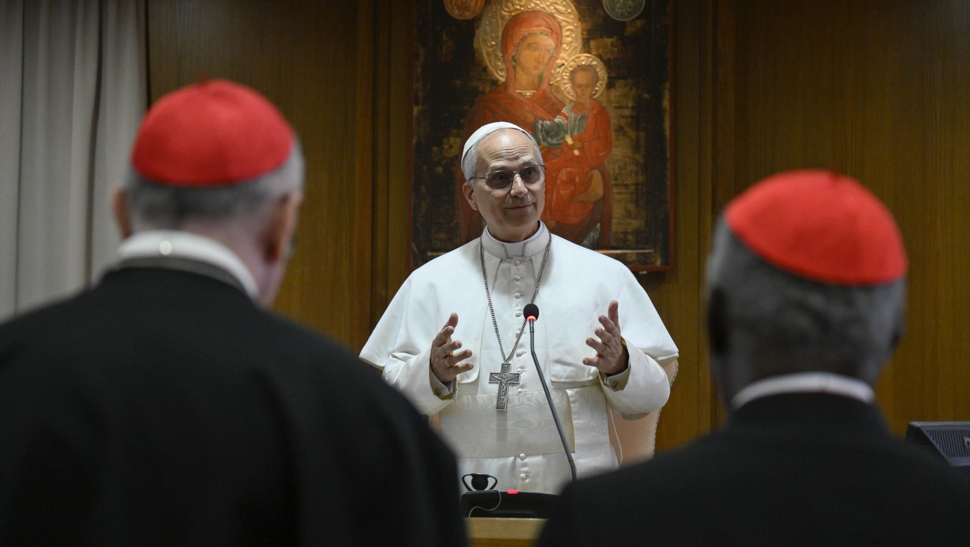 Pope Leo XIV speaks with the College of Cardinals in the New Synod Hall at the Vatican May 10, 2025, during his first formal address to the college since his election May 8. (CNS photo/Vatican Media)