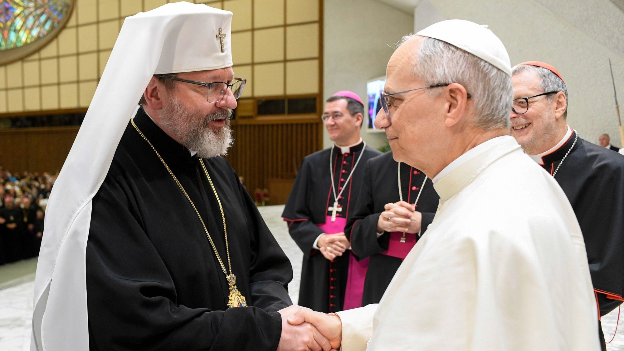 Pope Leo XIV greets Major Archbishop Sviatoslav Shevchuk of Kyiv-Halych, head of the Ukrainian Greek Catholic Church, during a meeting with participants in the Jubilee of the Eastern Churches in the Paul VI Audience Hall at the Vatican May 14, 2025. (CNS photo/Vatican Media)