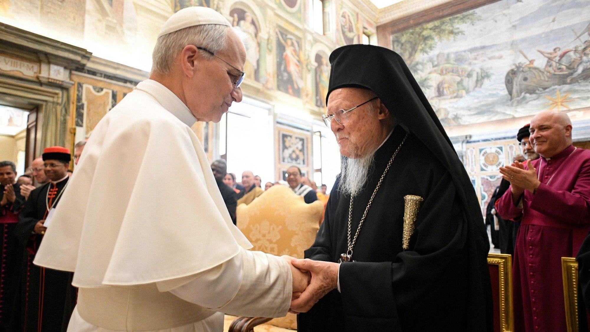 Pope Leo XIV greets Orthodox Ecumenical Patriarch Bartholomew of Constantinople during a meeting with religious leaders at the Vatican, May 19, 2025. The leaders had come to Rome for the pope's inauguration Mass. (CNS photo/Vatican Media)
