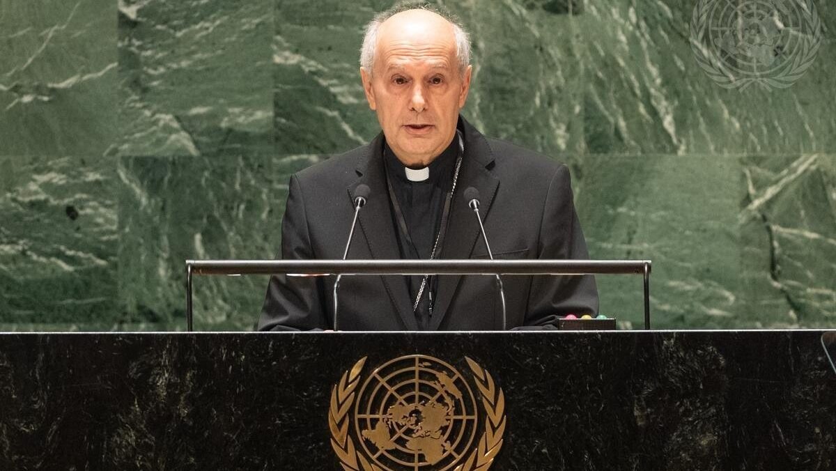 Archbishop Gabriele G. Caccia, permanent observer of the Holy See to the United Nations, is pictured in a 2023 photo addressing the General Assembly at U.N. headquarters in New York City. (OSV News photo/Rick Bajornas, courtesy United Nations)