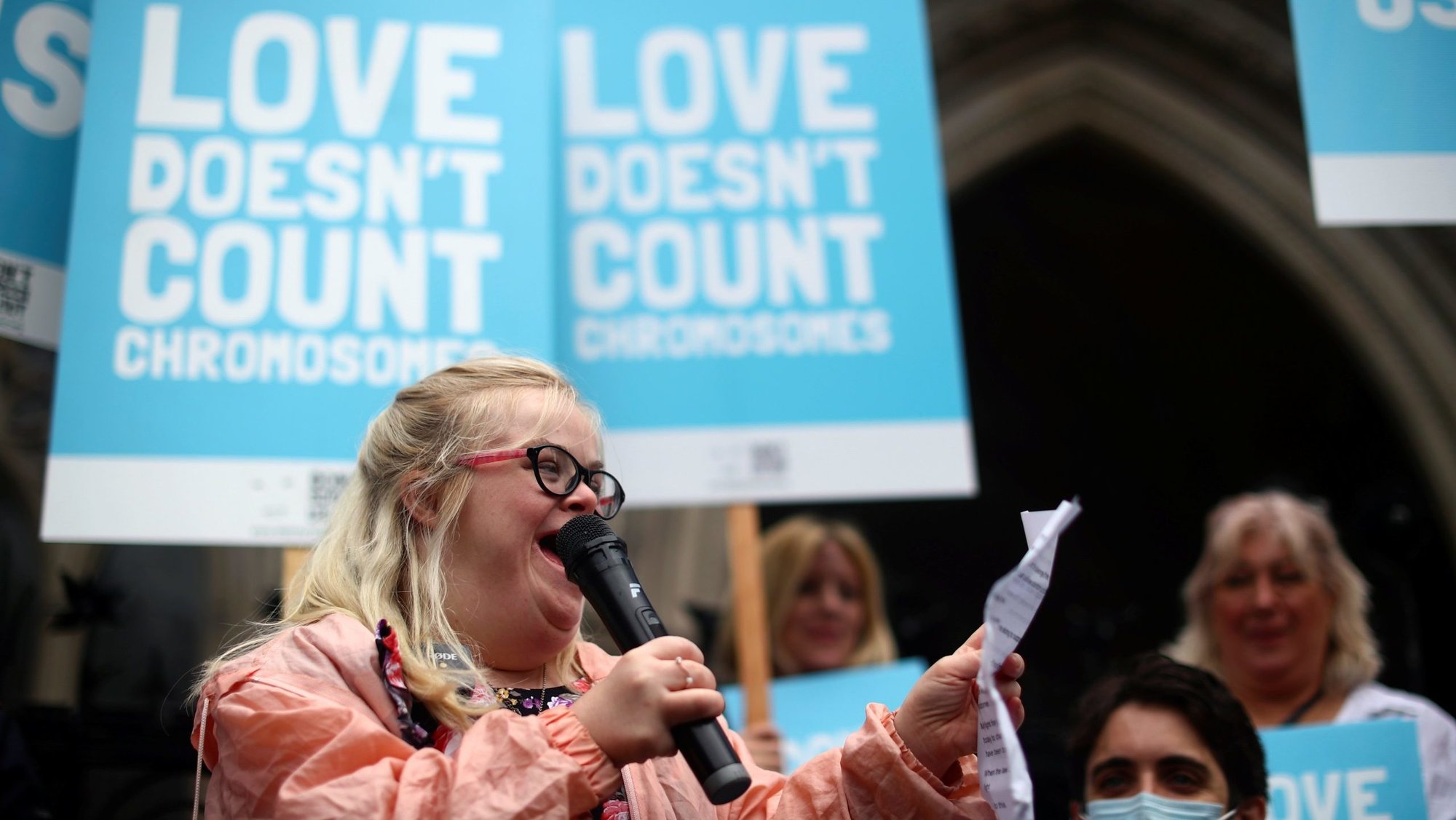 Heidi Crowter, who has Down syndrome, speaks outside the High Court in London July 6, 2021, ahead of a case to challenge the Down syndrome abortion laws. (OSV News photo/Hannah McKay, Reuters)