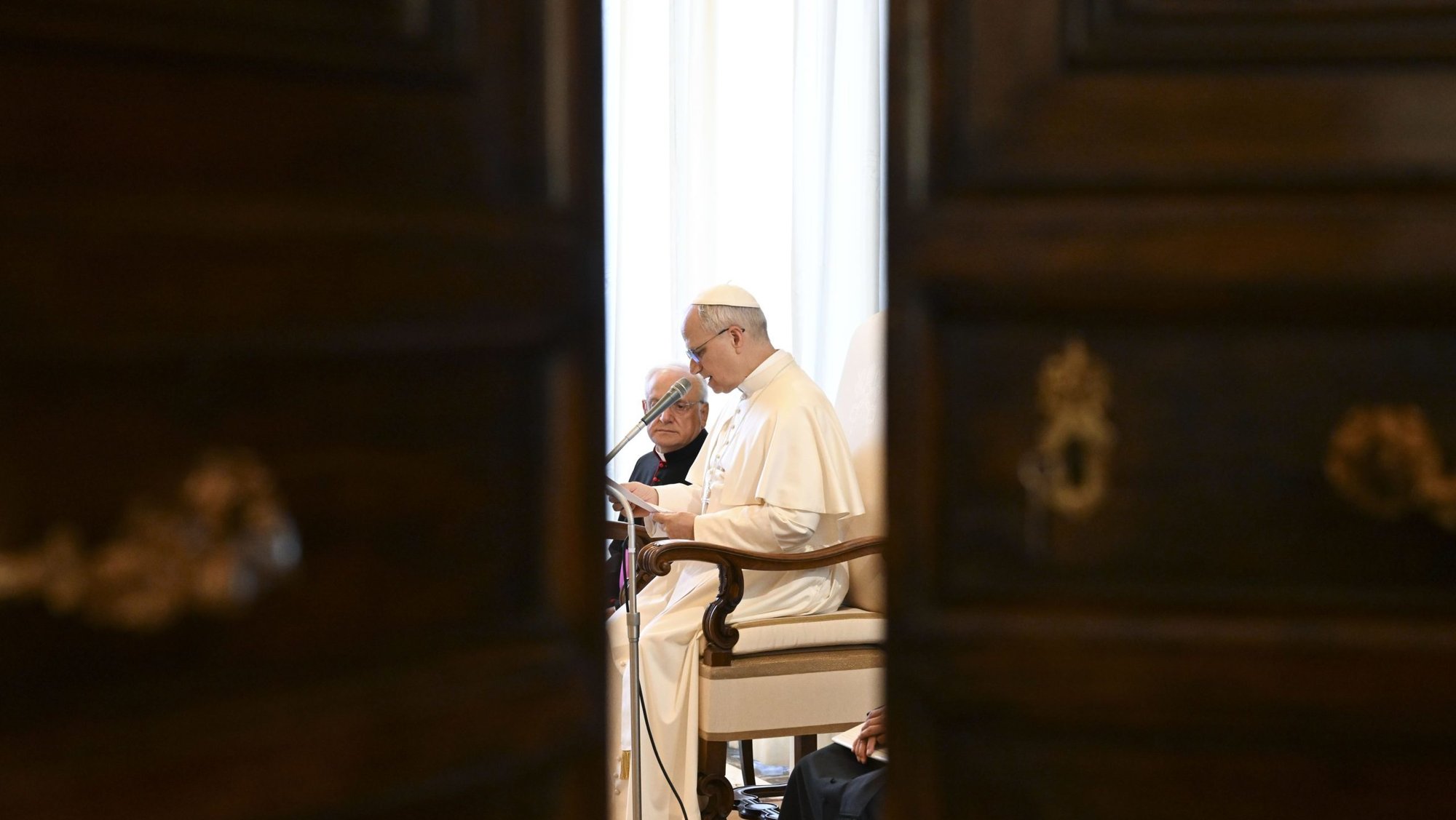 Pope Leo XIV is seen through an open door during a meeting at the Vatican June 6. (CNS/Vatican Media)