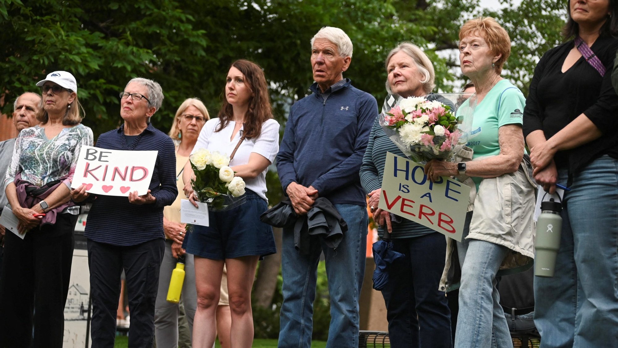 People gather for a prayer vigil in Boulder, Colo., June 2, 2025, beside a makeshift memorial at the scene of an attack that injured multiple people outside the Boulder County Courthouse. The alleged attacker, identified by the FBI as 45-year-old Mohamed Sabry Soliman, was armed with a homemade flamethrower and threw two Molotov cocktails at the group June 1, burning multiple victims, police said. Witnesses said Soliman yelled, "Free Palestine." (OSV News photo/Mark Makela, Reuters)