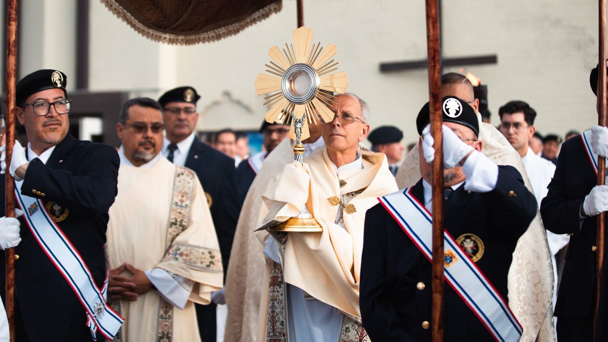 Bishop Mark J. Seitz of El Paso, Texas, carries the monstrance as he leads the National Eucharistic Pilgrimage in El Paso June 10, 2025. (OSV News photo/Emily Montelongo, chief photographer, Diocese of El Paso)