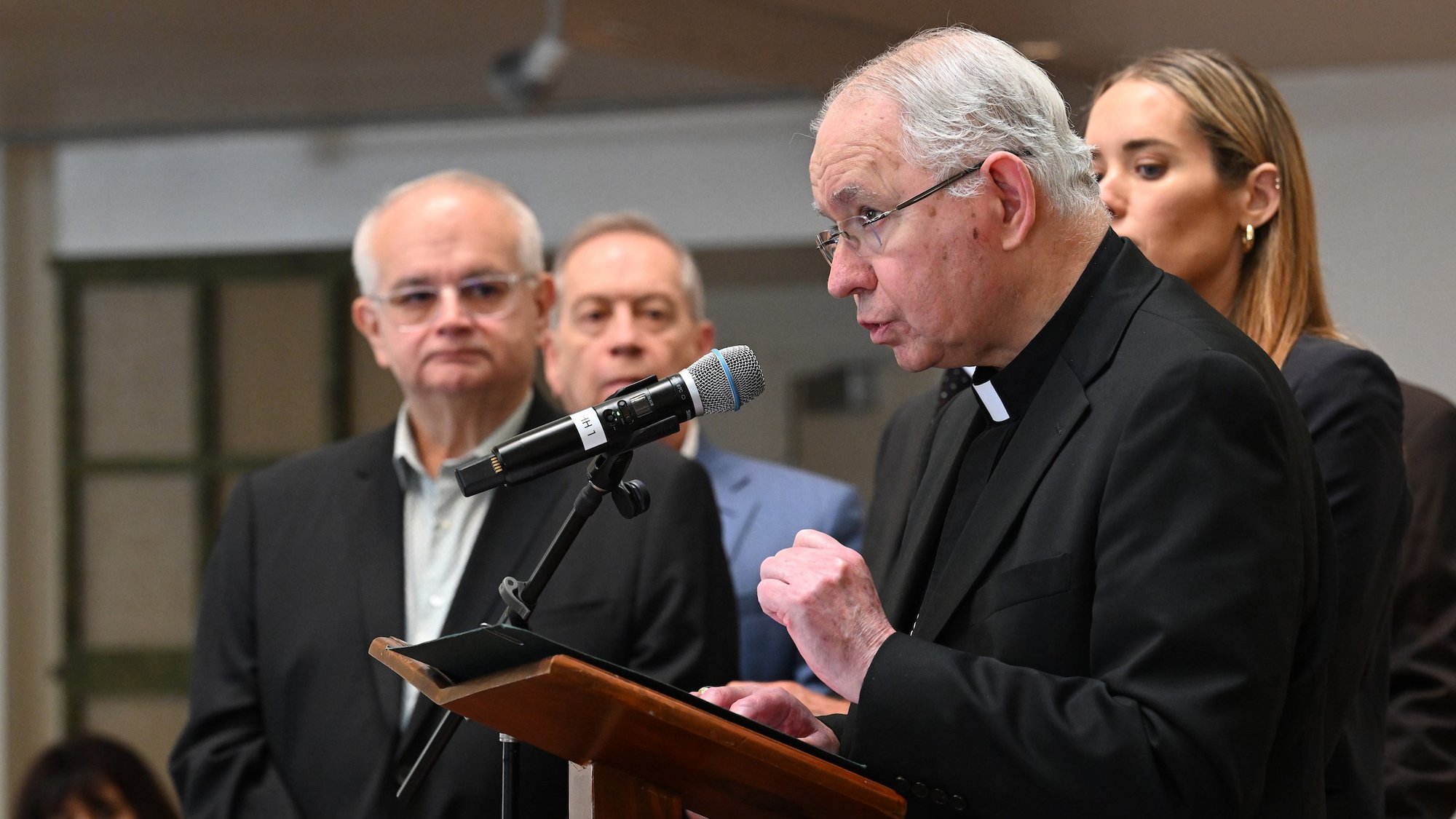 Archbishop Gomez speaks to media July 23, 2025 at St. Patrick's Church in South LA about the immigration crisis and the new Family Assistance Program to help immigrants affected by recent ICE raids. (John McCoy)