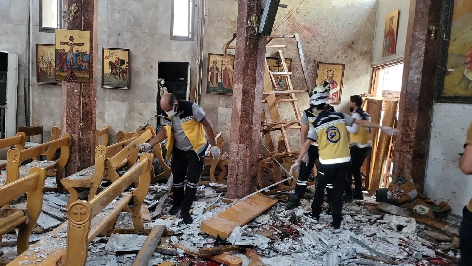 Civil defense members inspect the damage after a blast rocked the Mar Elias Church according to witnesses, in the Dweila neighborhood of Damascus, Syria, June 22, 2025. (OSV News photo/The White Helmets/Handout via Reuters)
