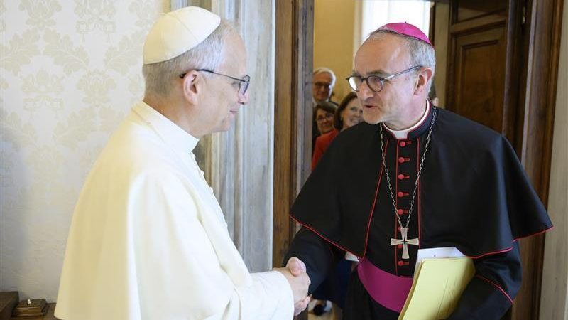 Pope Leo XIV greets Archbishop Thibault Verny of Chambéry, France, during a meeting at the Vatican June 5, 2025. The pope appointed Archbishop Verny president of the Pontifical Commission for the Protection of Minors, succeeding U.S. Cardinal Seán P. O’Malley. (CNS photo/Vatican Media)