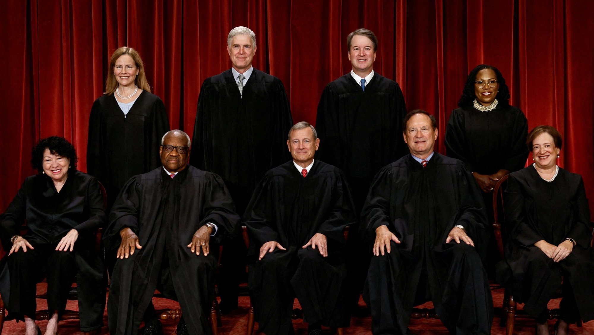 U.S. Supreme Court justices pose for their group portrait at the Supreme Court in Washington Oct. 7, 2022. Seated from left are Justices Sonia Sotomayor and Clarence Thomas, Chief Justice of the United States John G. Roberts Jr., and Justices Samuel A. Alito Jr. and Elena Kagan. Standing from left are Justices Amy Coney Barrett, Neil M. Gorsuch, Brett M. Kavanaugh and Ketanji Brown Jackson. (OSV News photo/Evelyn Hockstein, Reuters)