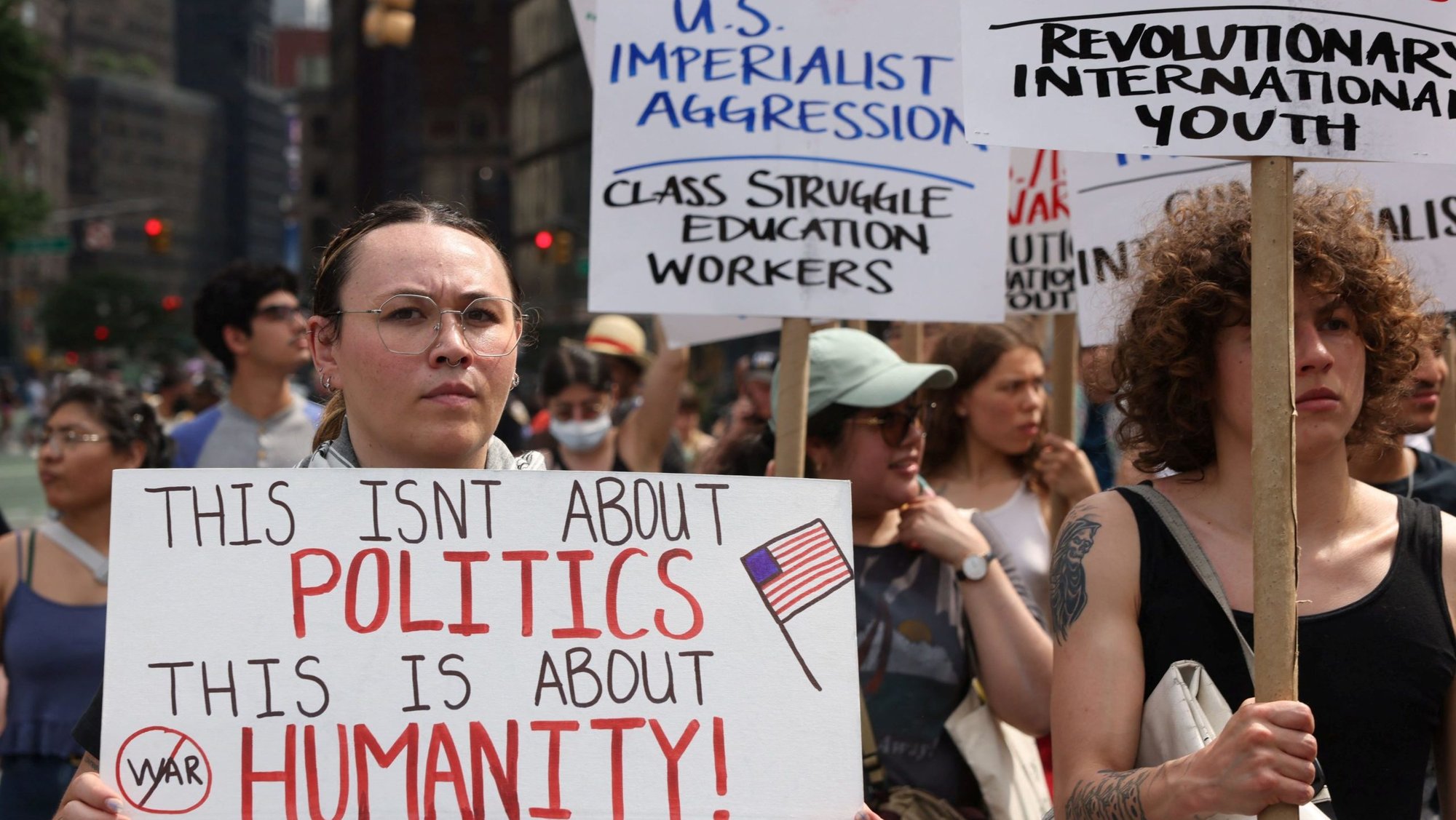 Demonstrators march following U.S attack on Iran's nuclear sites and against Iran-Israel conflict, at Times Square in New York City, U.S. June 22, 2025. (OSV News photo/Caitlin Ochs, Reuters)