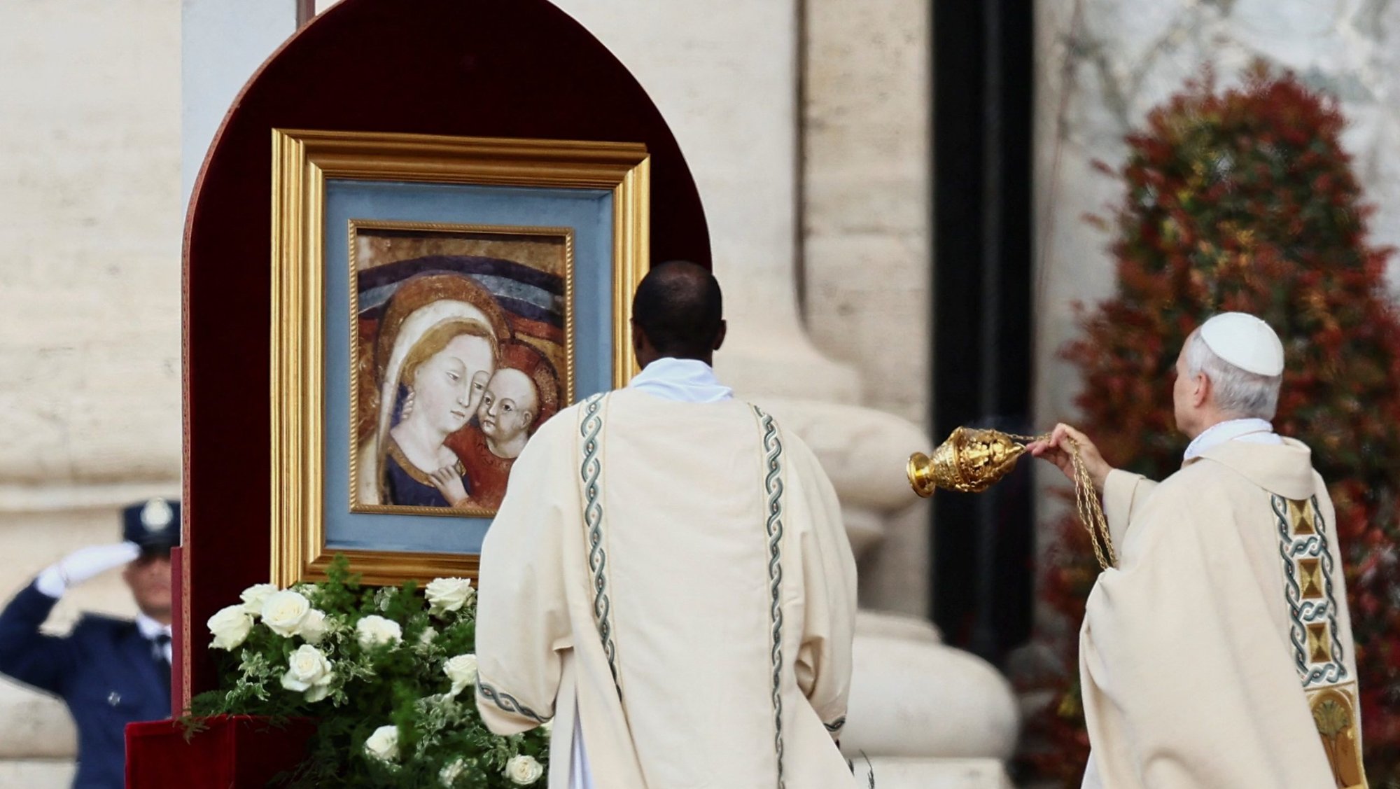 Pope Leo XIV swings a censer near a painting of Mary and the Christ Child as he celebrates his inauguration Mass at the Vatican May 18, 2025. (OSV News photo/Yara Nardi, Reuters)
