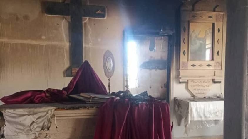 The Greek Melkite Church of St. Michael in the Sweida village of Al-Sura, in Syria, was attacked and set ablaze by unknown assailants, according to witness accounts made to the pontifical charity Aid to the Church in Need on July 15, 2025. As alarming sectarian violence swept through Syria in the third week of July -- with attacks on the country's Christian, Druze and Alawite communities perpetrated mainly by Islamist jihadists -- Christian communities in the region experienced a new wave of persecution. (OSV News photo/courtesy Aid to the Church in Need)