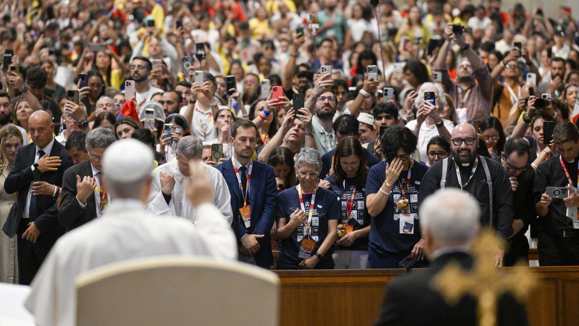Pope Leo XIV greets participants in the Jubilee of Digital Missionaries and Catholic Influencers after Cardinal Luis Antonio Tagle celebrated Mass in St. Peter’s Basilica at the Vatican July 29, 2025. (CNS photo/Vatican Media)